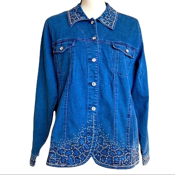 VINTAGE QUAKER FACTORY EMBELLISHED  BEDAZZLED BEJEWELED DENIM JACKET‎ SZ M - Picture 1 of 17